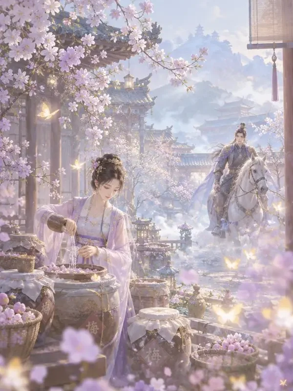 红果官网《青梅煮酒待君归》封面，江南小院青梅竹马的唯美画面